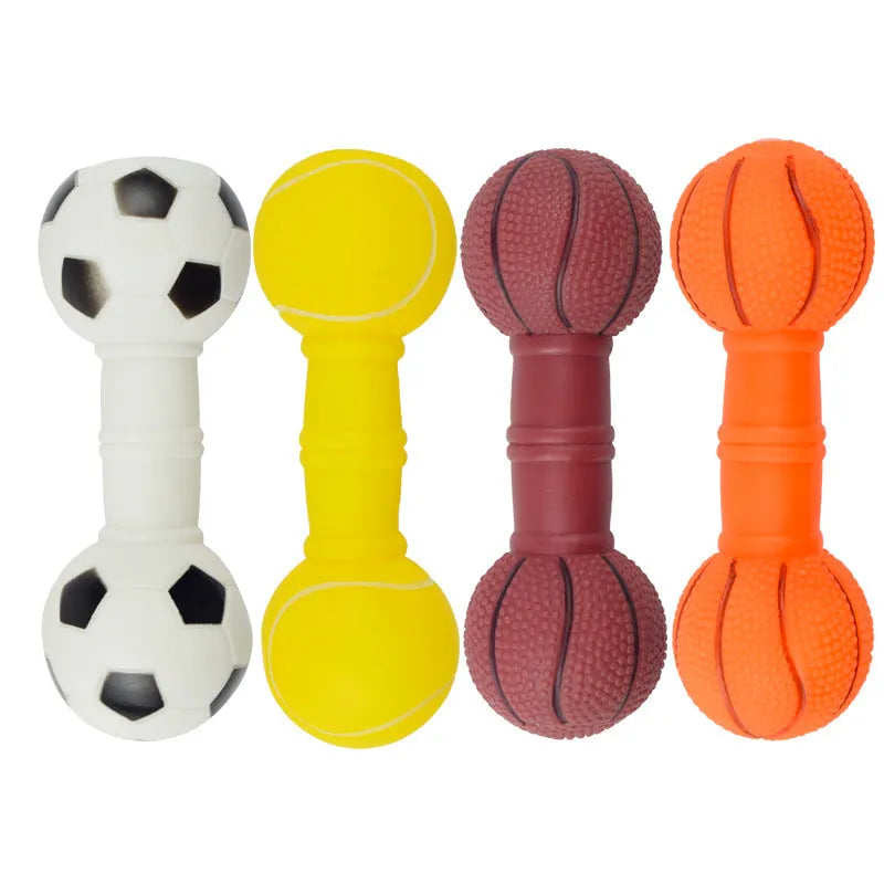 Brown football dumbbell shaped dog squeaky chew toy on white background