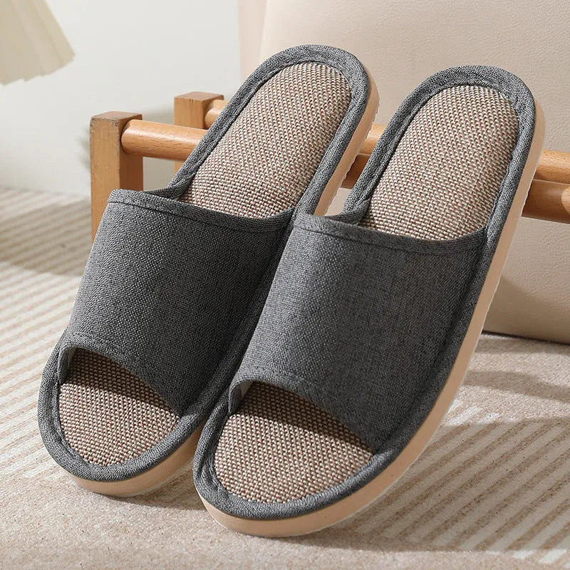 Women's open-toe linen slippers in various colours with thickening sole