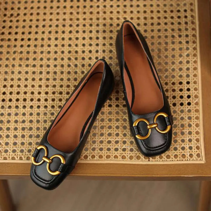 Women's square toe Mary Jane pumps with metal decor in shallow mouth design available in multiple colours