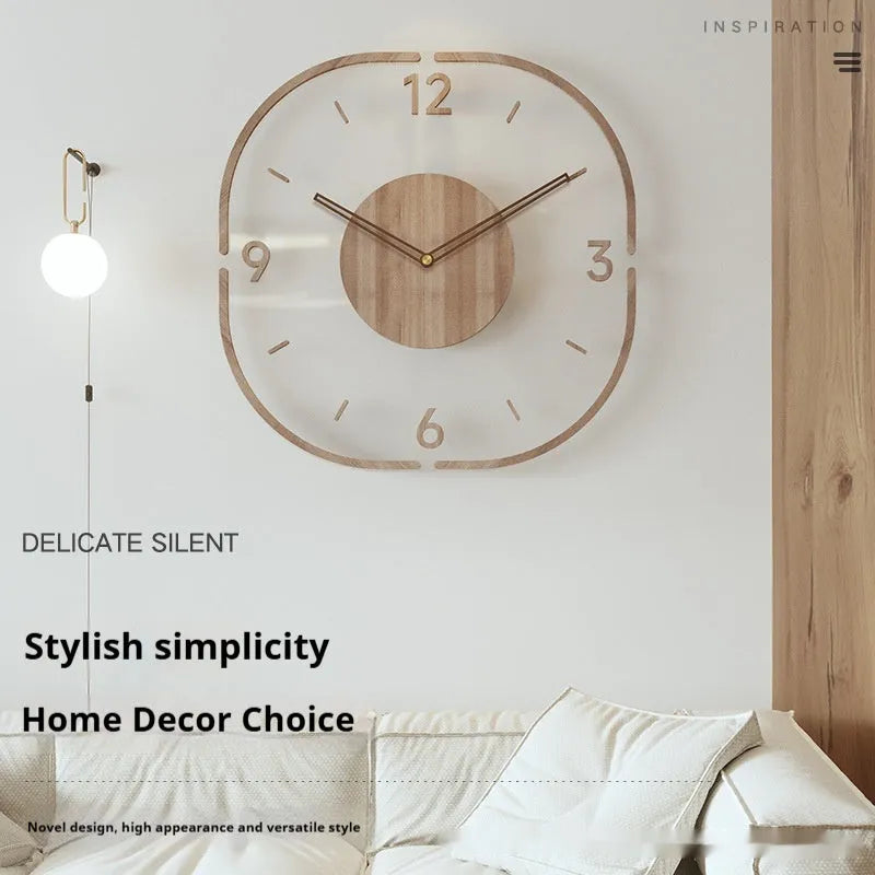 Square transparent wooden frame wall clock measuring 35x35cm with modern design