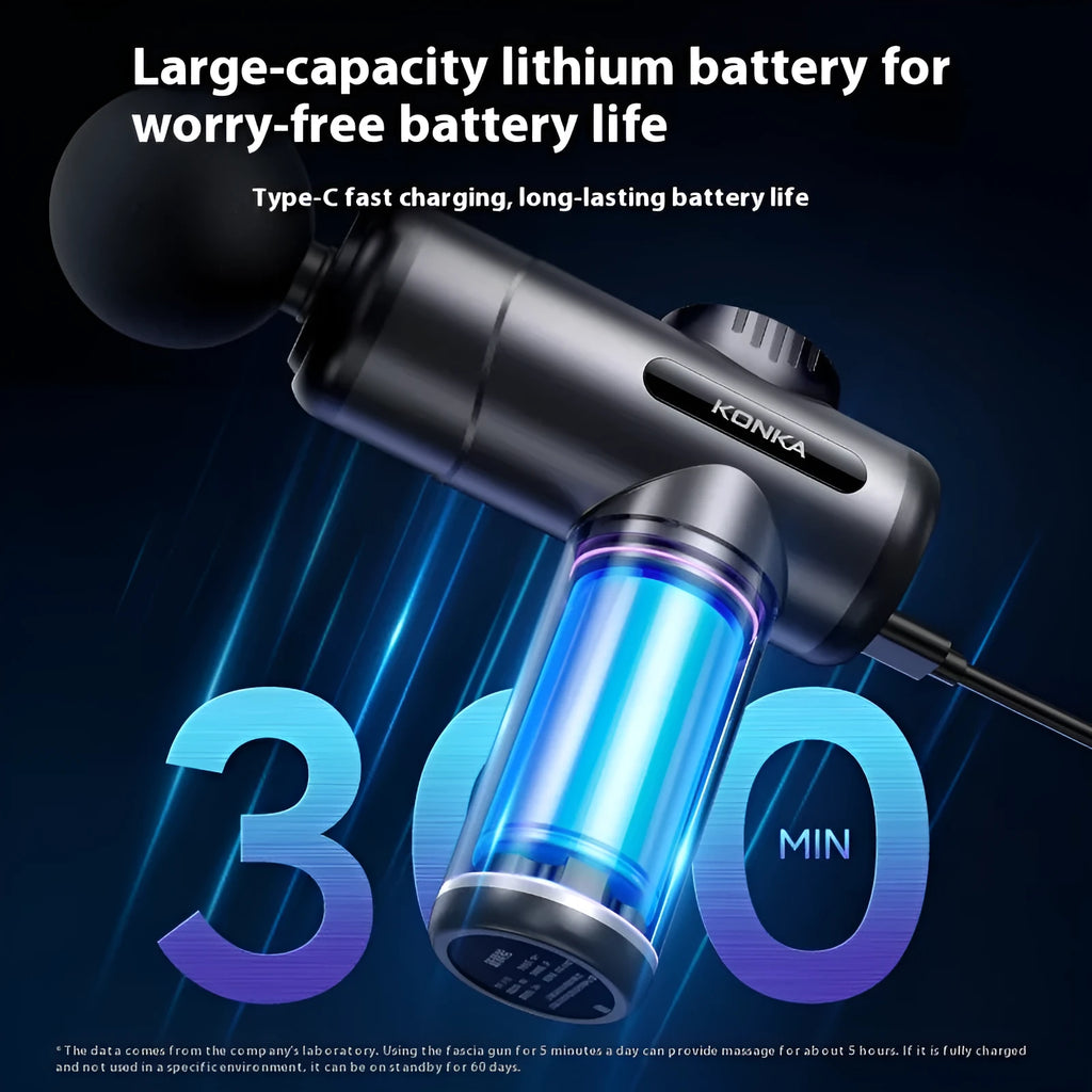 Konka V19 mini electric massage gun in grey colour with multiple massage heads on a red box.