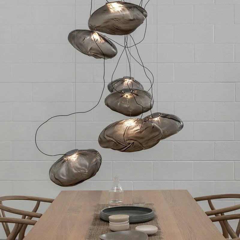 Postmodern light luxury glass chandelier in clear, amber, or smoke grey, showing 200mm and 300mm size options.