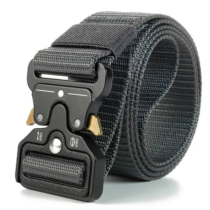 Men's black canvas tactical belt with a silver alloy release buckle, laid flat to show its 120cm length.