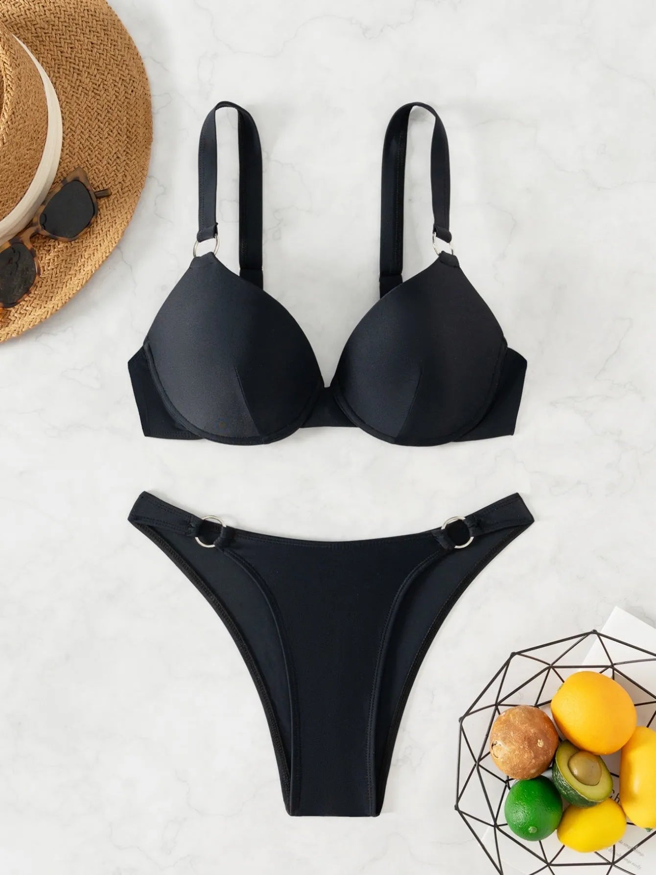 Women's solid black nylon bikini swimsuit set for swimming and wading