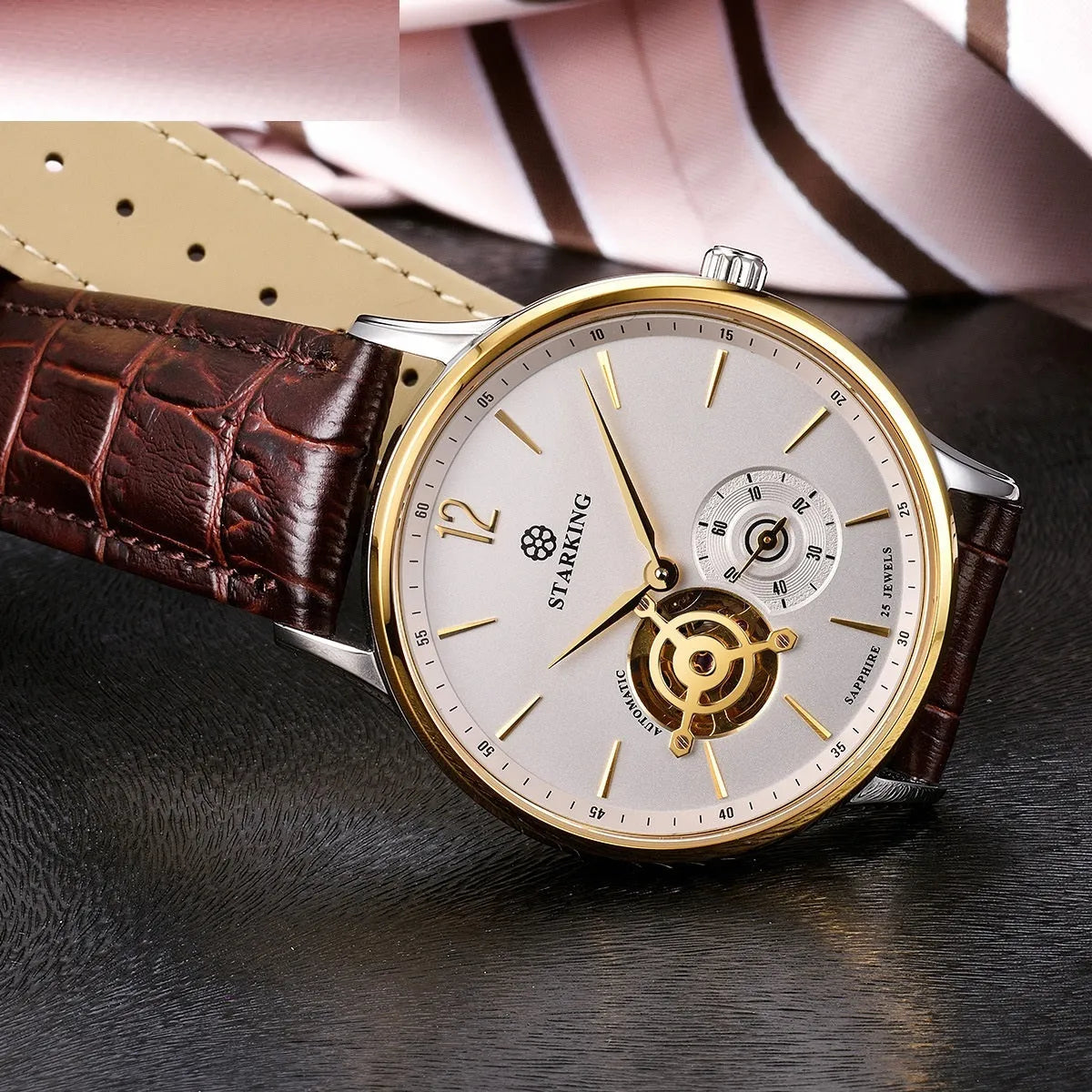 Automatic mechanical men's business watch with brown leather strap and white dial