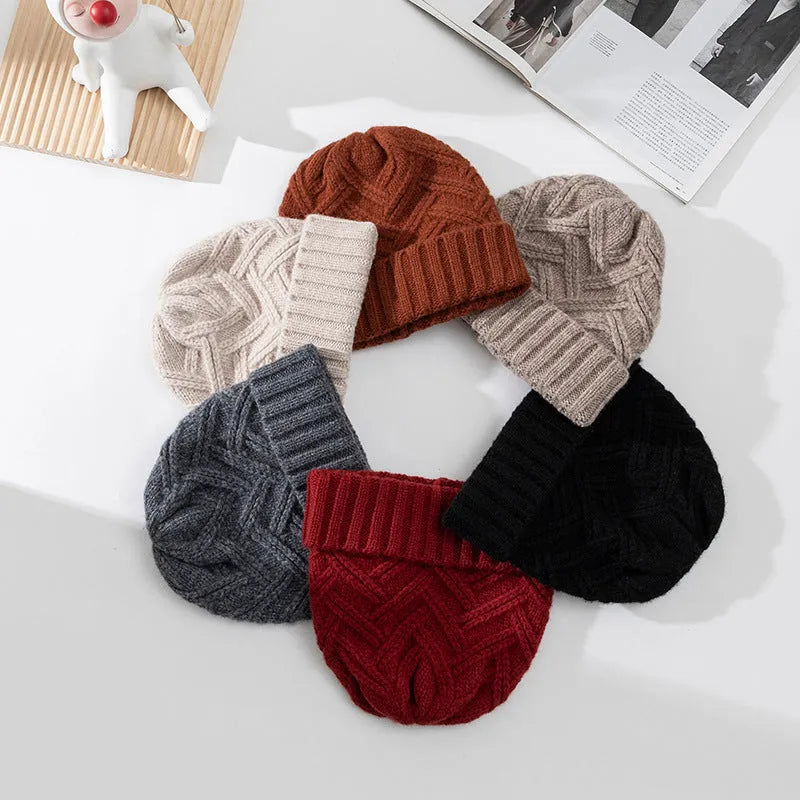 Wool knitted dome crown winter hat in six colour options on display