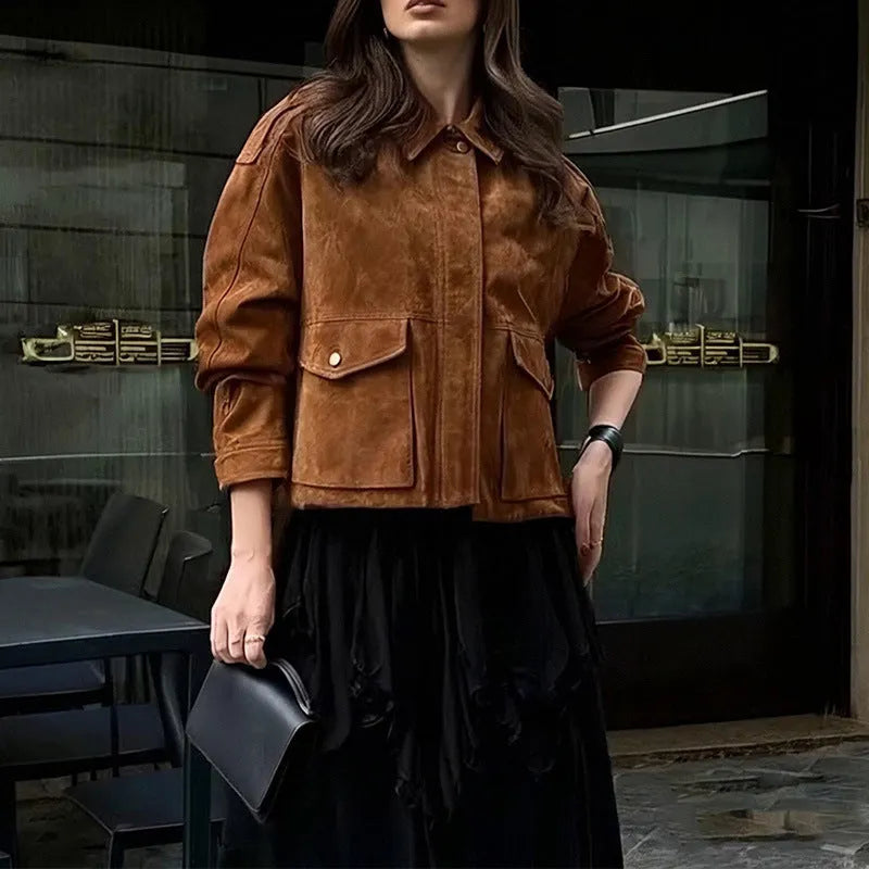 Women's brown suede-effect polyester coat with regular sleeves on hanger
