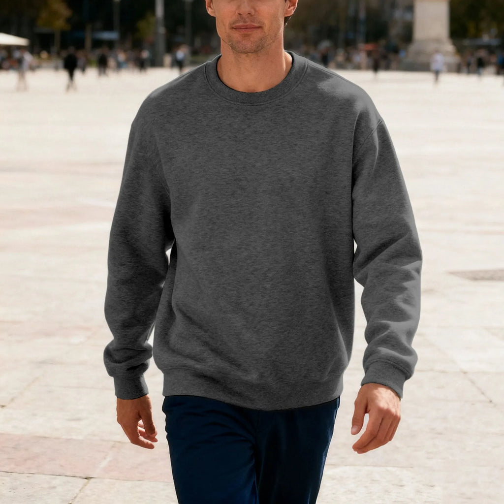 Men's round neck oversized polyester top in light gray, long sleeves, loose fit casual autumn shirt