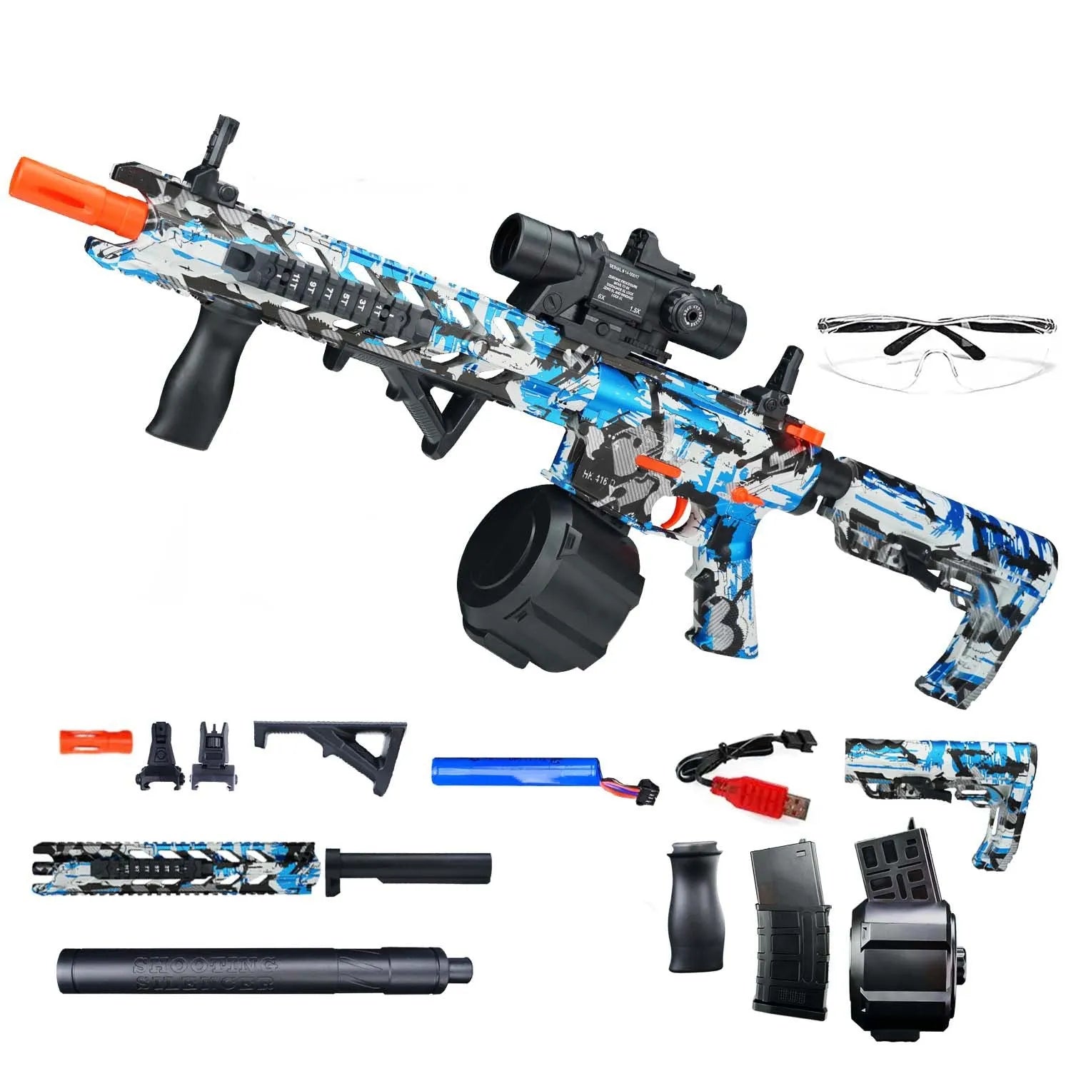 Outdoor gel ball electric continuous hair graffiti launcher toy in M4 Black and Red colour for children