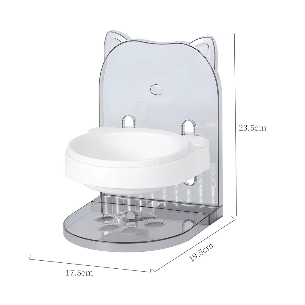 Grey plastic cat feeding bowl with cat ear design and adjustable height mechanism
