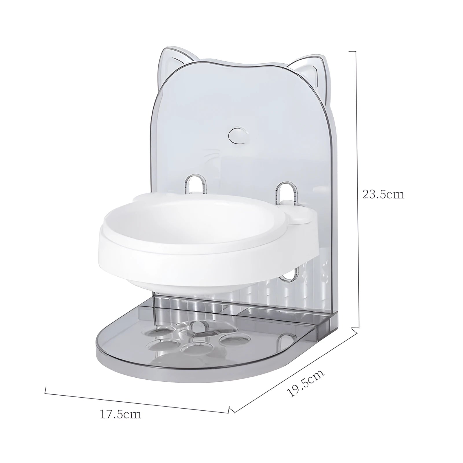 Grey plastic cat feeding bowl with cat ear design and adjustable height mechanism