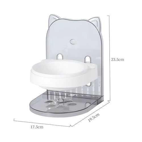 Grey plastic cat feeding bowl with cat ear design and adjustable height mechanism