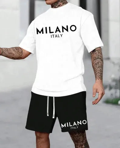 European style short sleeve suit set with round neck top and matching shorts in multiple colours