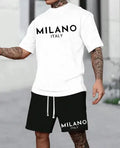 European style short sleeve suit set with round neck top and matching shorts in multiple colours