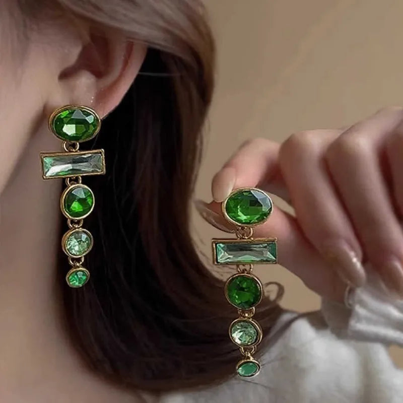 Green gradient geometric Chinese style tassel earrings with inlaid zircon detailing on alloy studs