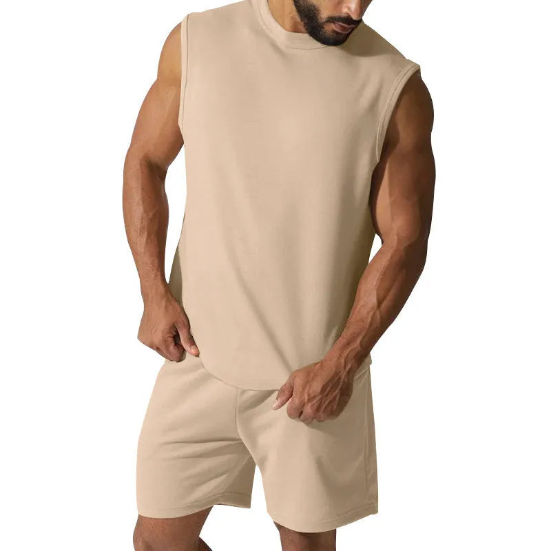 Men's sleeveless top and shorts cotton blend sports suit set in multiple solid colours