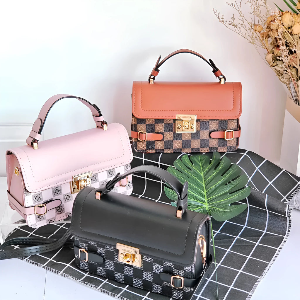 Retro-style square crossbody bag with floral stitching and a diamond pattern in PU leather.