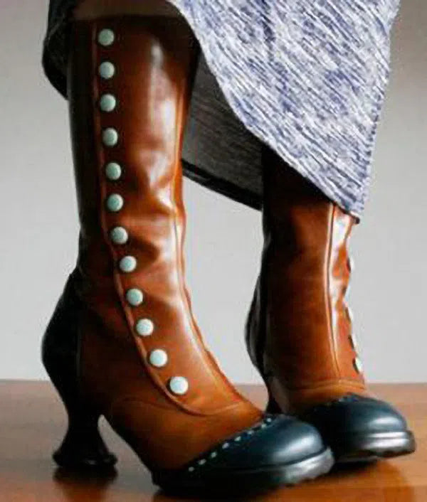 Women's printed synthetic PU thigh-high boots with button detail and irregular heel in blue, side view