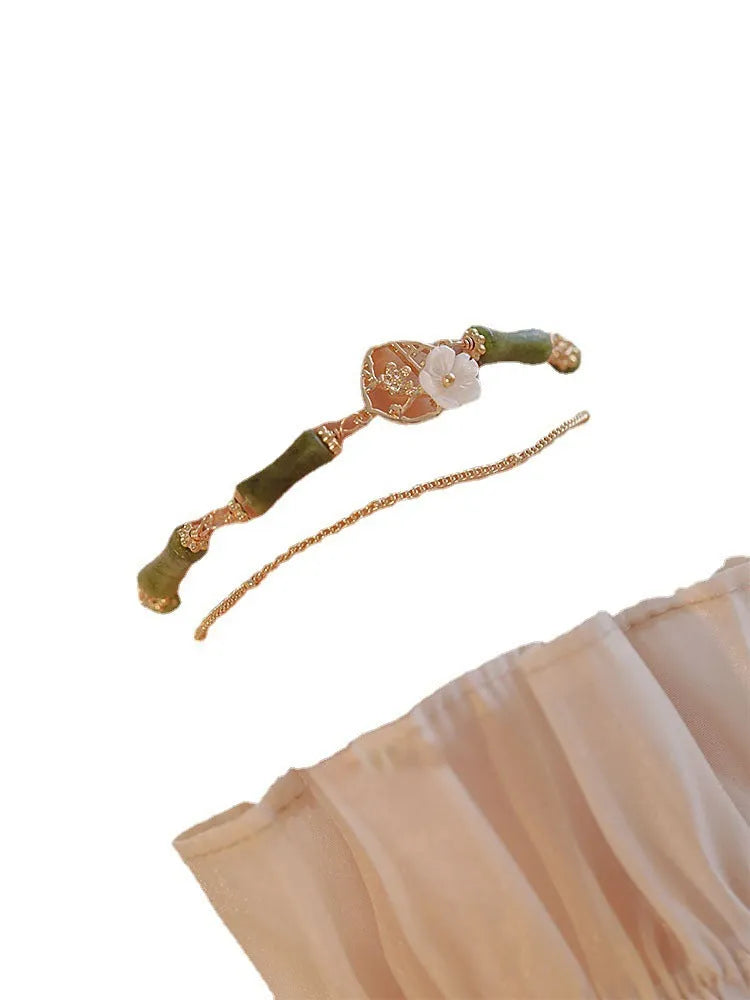 Natural green olivine stone bracelet with twin bells and double layer design