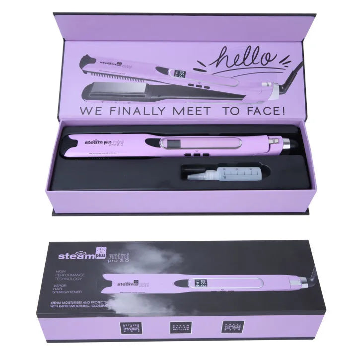 Mini steam spray hair straightener and curling iron in purple, rose red, or champagne colour with wired power cord.