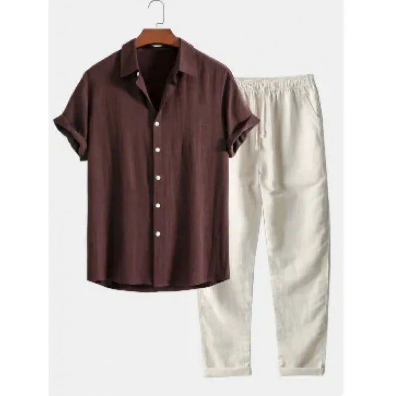 Men's loose fit casual short sleeve shirt and trousers set in linen-look fabric