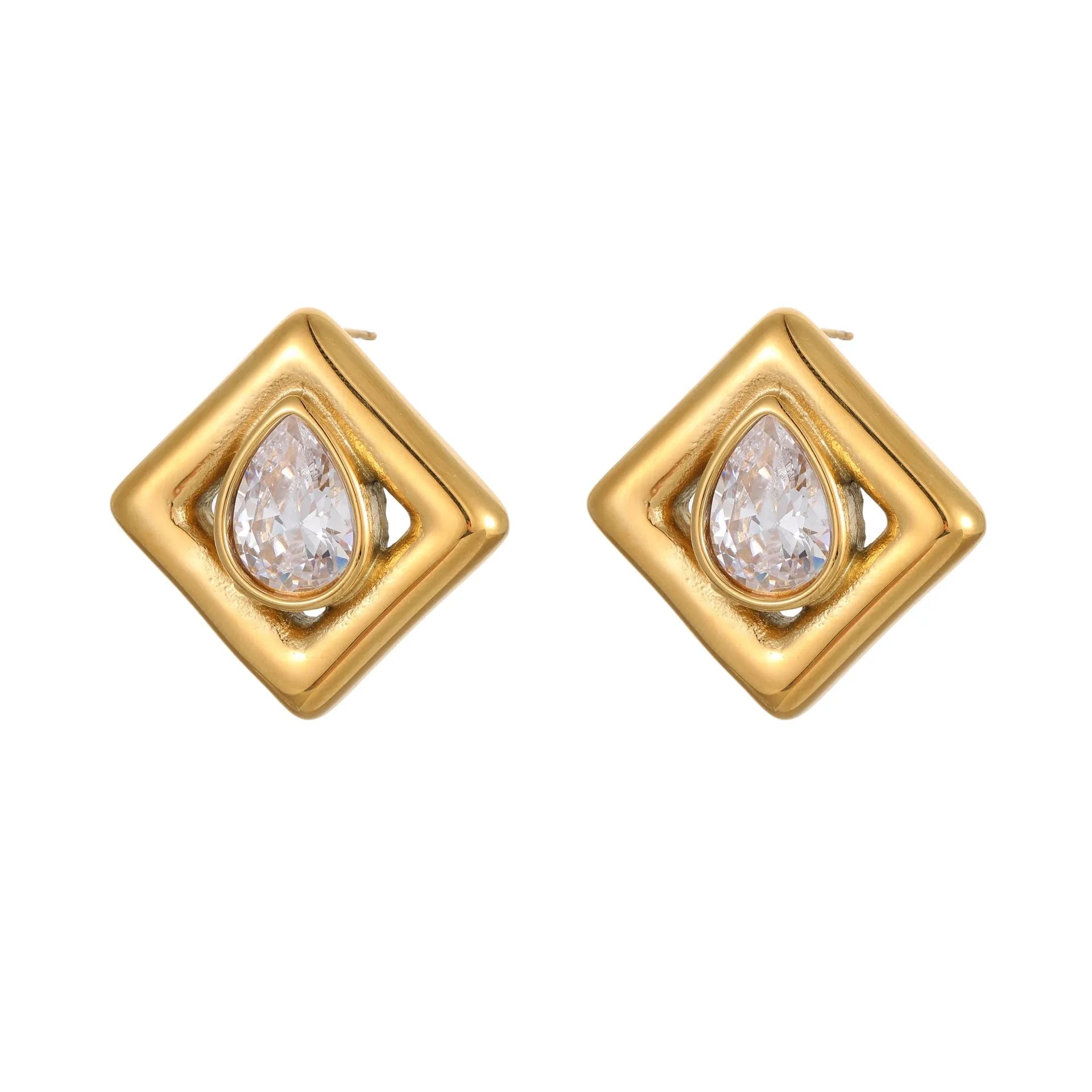 Gold geometric water drop zircon stud earrings with butterfly back fastenings