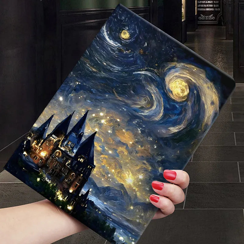 Handmade liquid silicone flip case for iPad with a floral oil painting design on the cover.