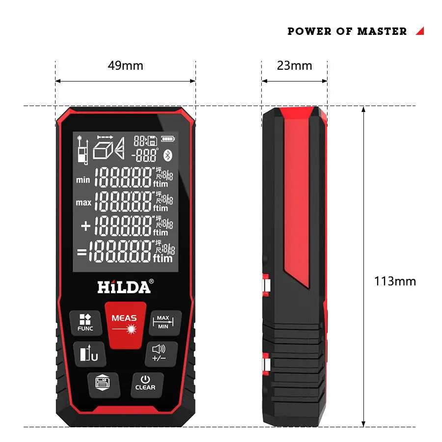 A handheld plastic laser rangefinder for measuring distances up to 120 metres, shown on a table.