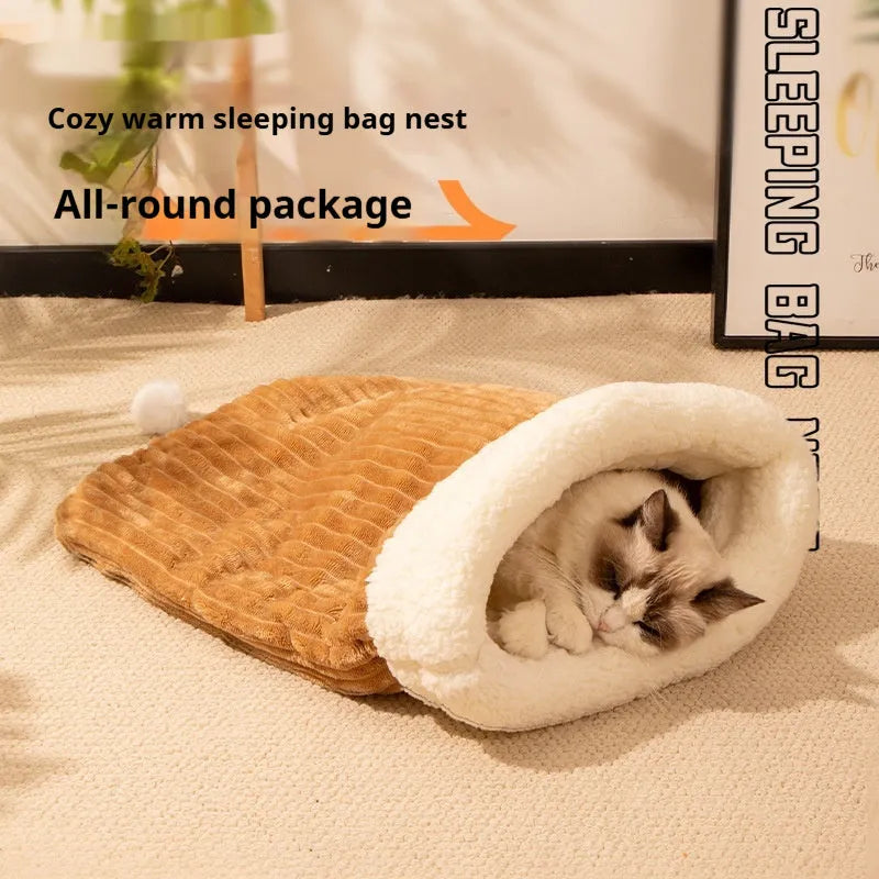 Flannel enclosed cat bed sleeping bag nest with PP cotton filling, pink trojan design, 50cm by 40cm