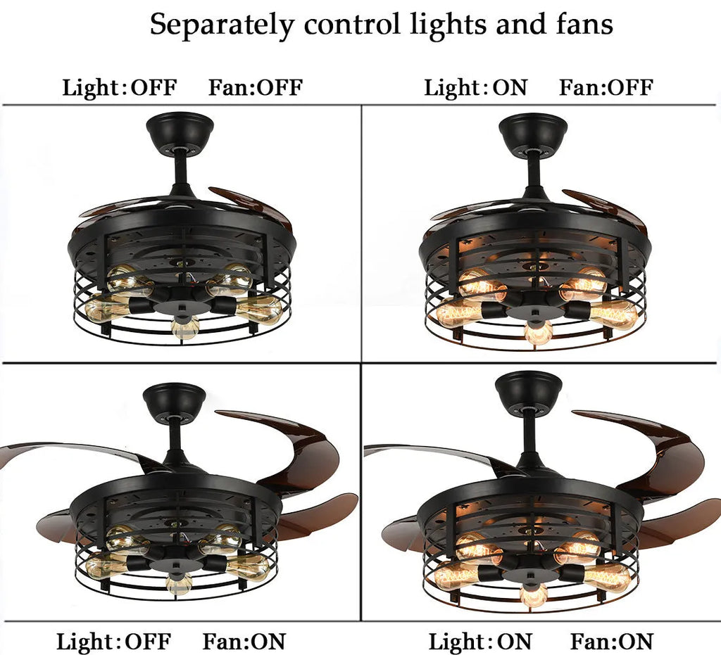 American retro style ceiling fan lamp with invisible blades and acrylic shade, remote control included