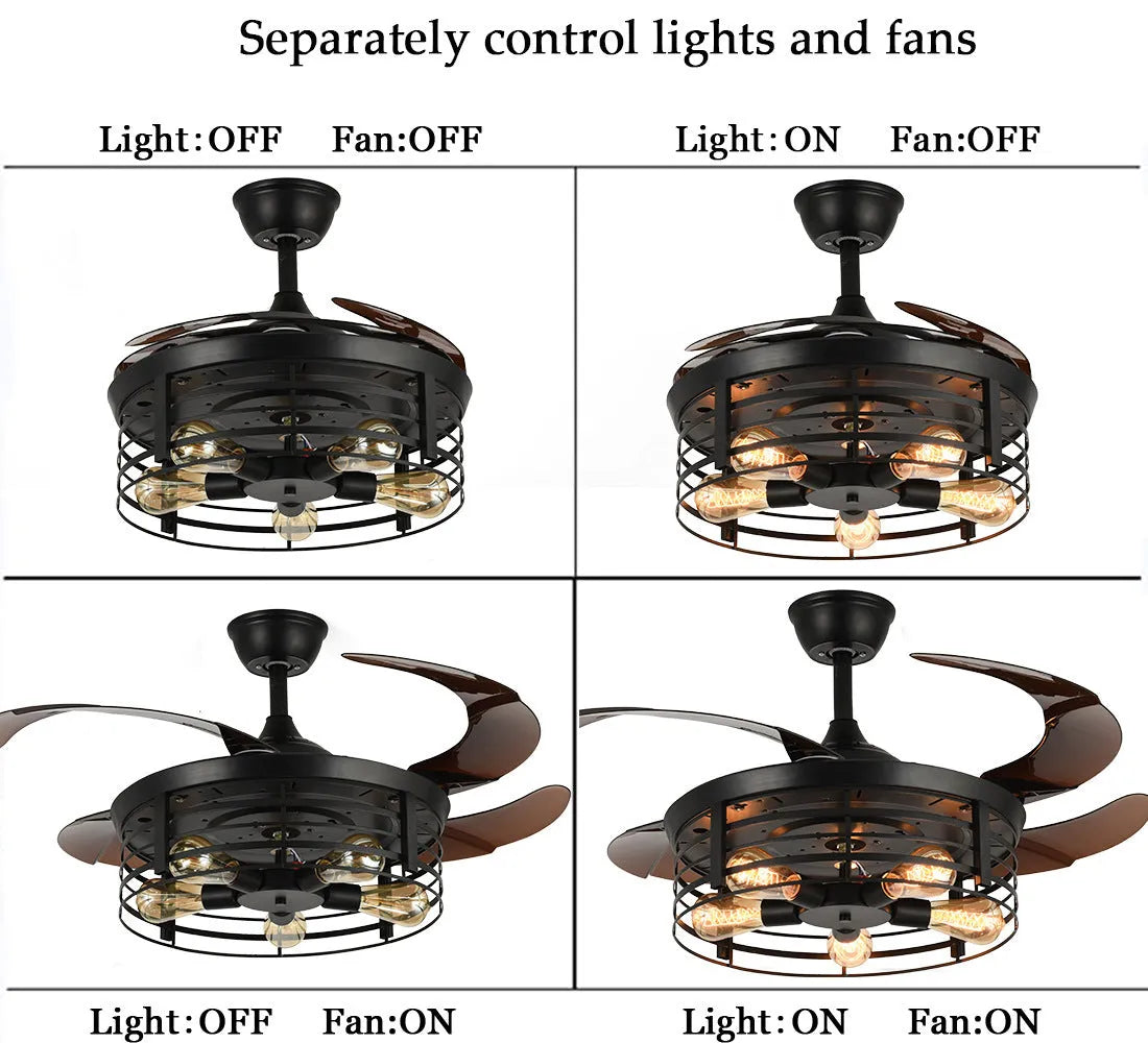 American retro style ceiling fan lamp with invisible blades and acrylic shade, remote control included