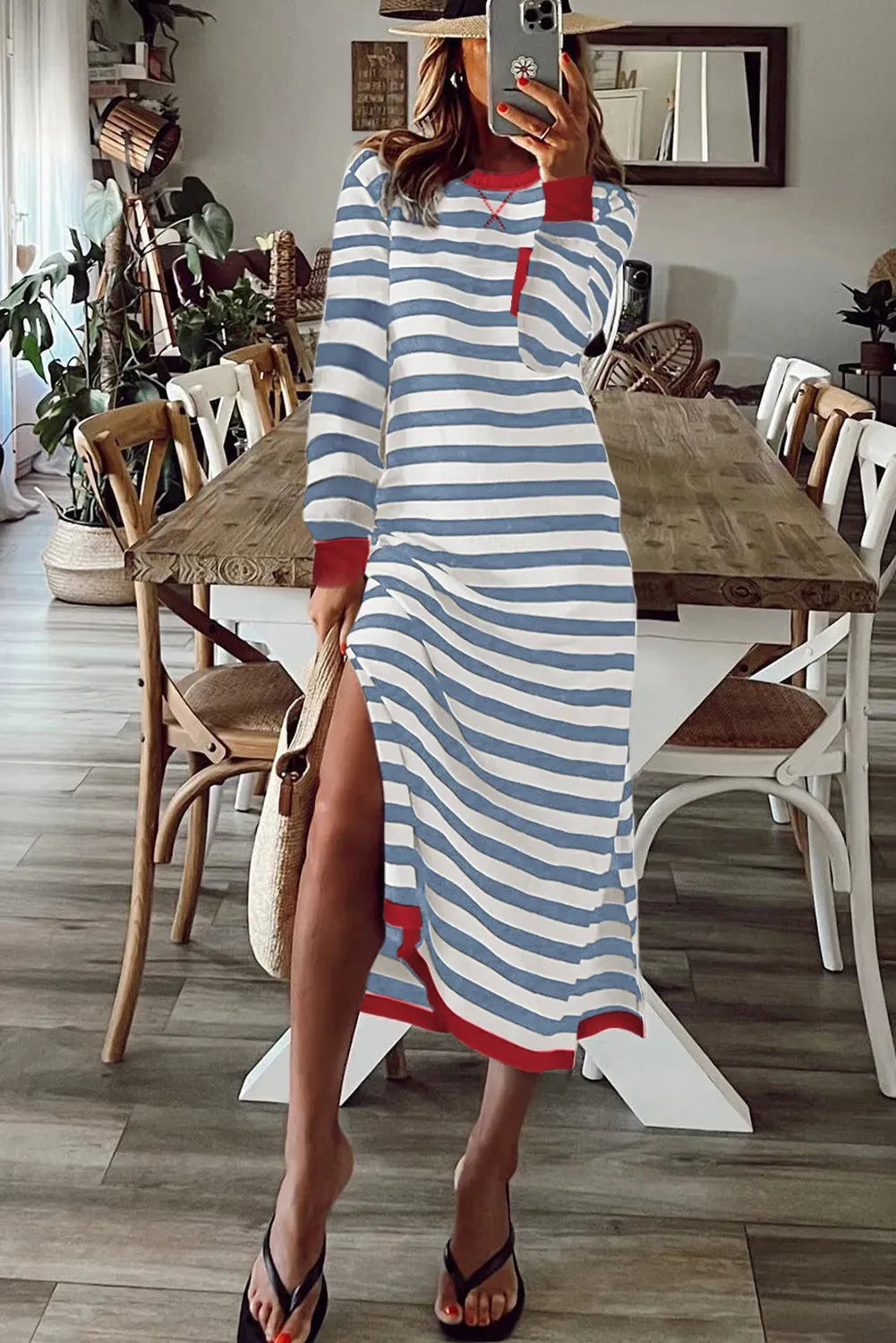 Striped printed long sleeve dress with contrast edge in Rose Stripe colour, viscose blend fabric, sizes S to 2XL