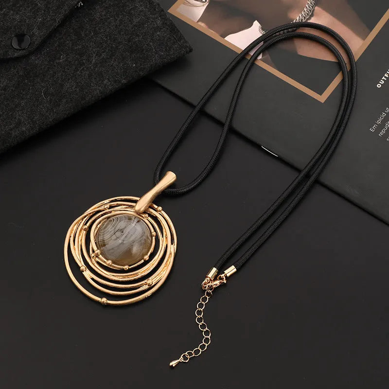 Women's geometric plaid pattern sweater chain necklace with adjustable snakeskin wax rope chain