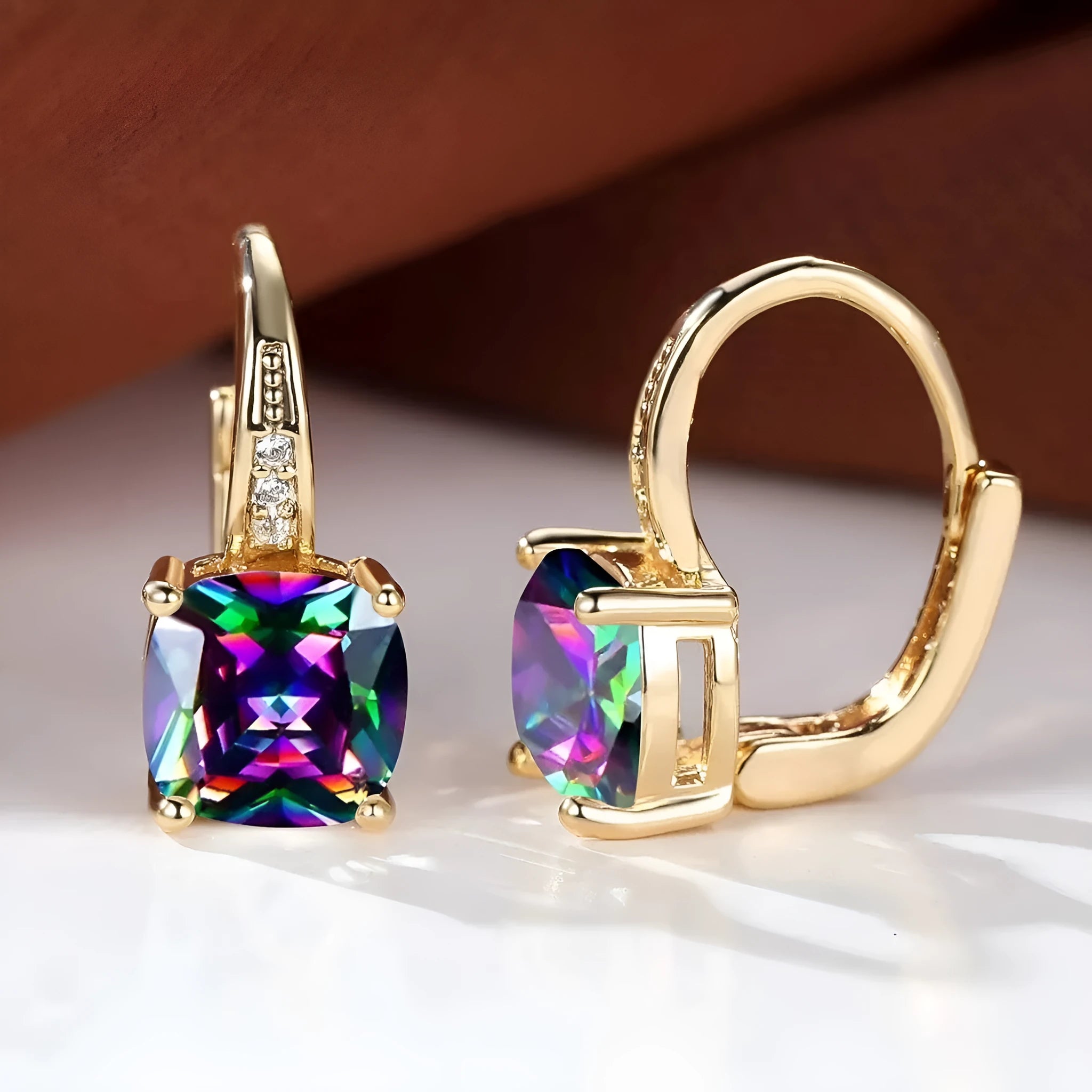 Square geometric ear clip with colourful moissanite inlays in gold electroplated finish