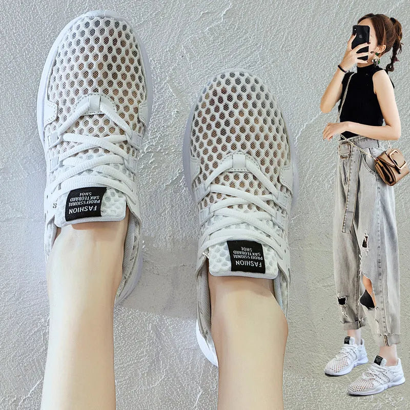 Breathable hollow-out mesh casual sneakers in black and white colour options with EVA sole