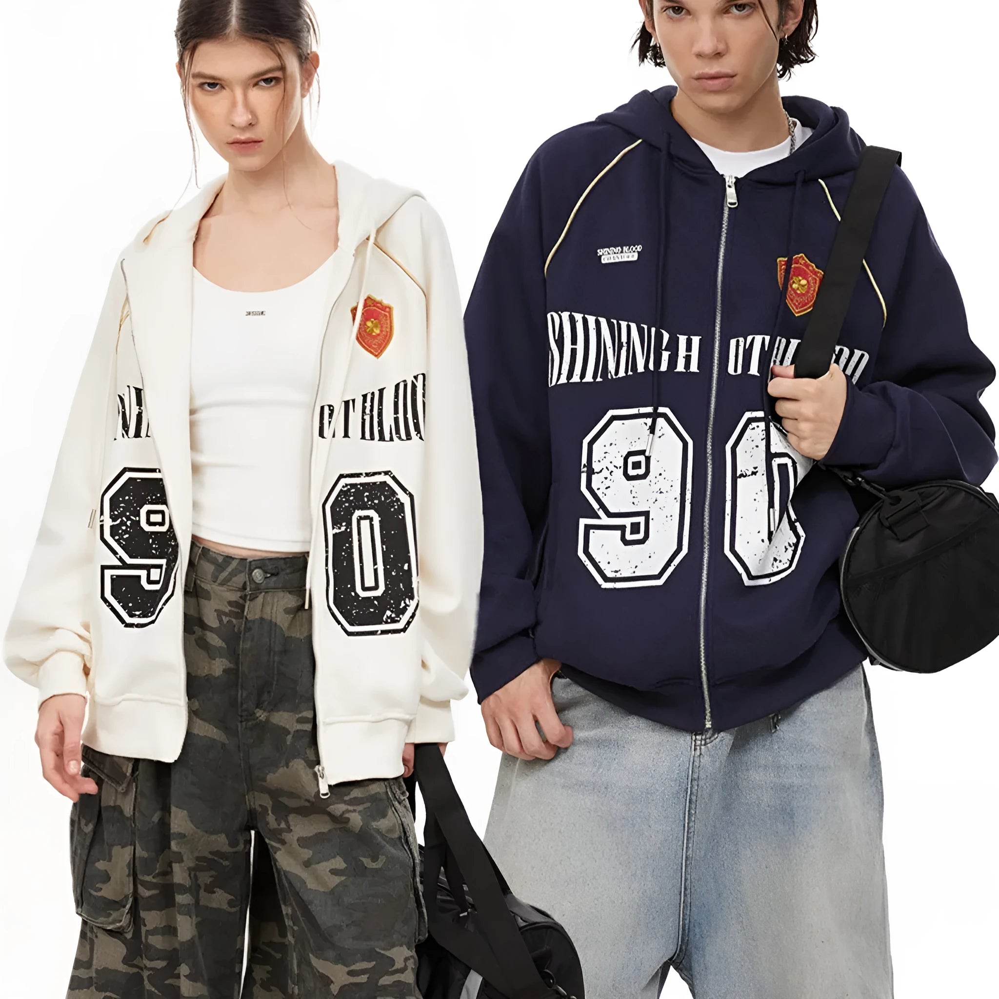 Women's loose casual jacket with American retro style letter embroidery and hood