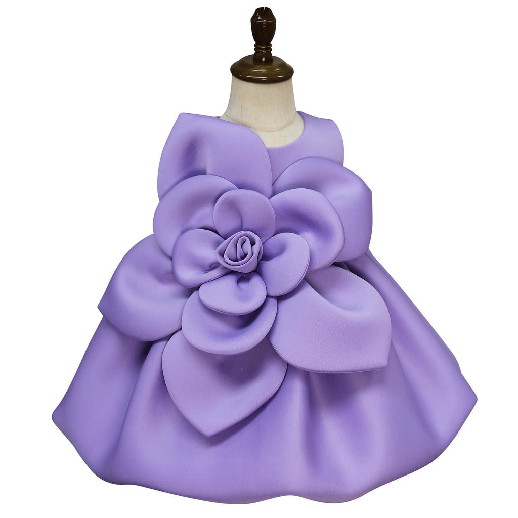 Purple solid colour big flower little girl dress in acetate fabric, available for heights 90cm to 130cm