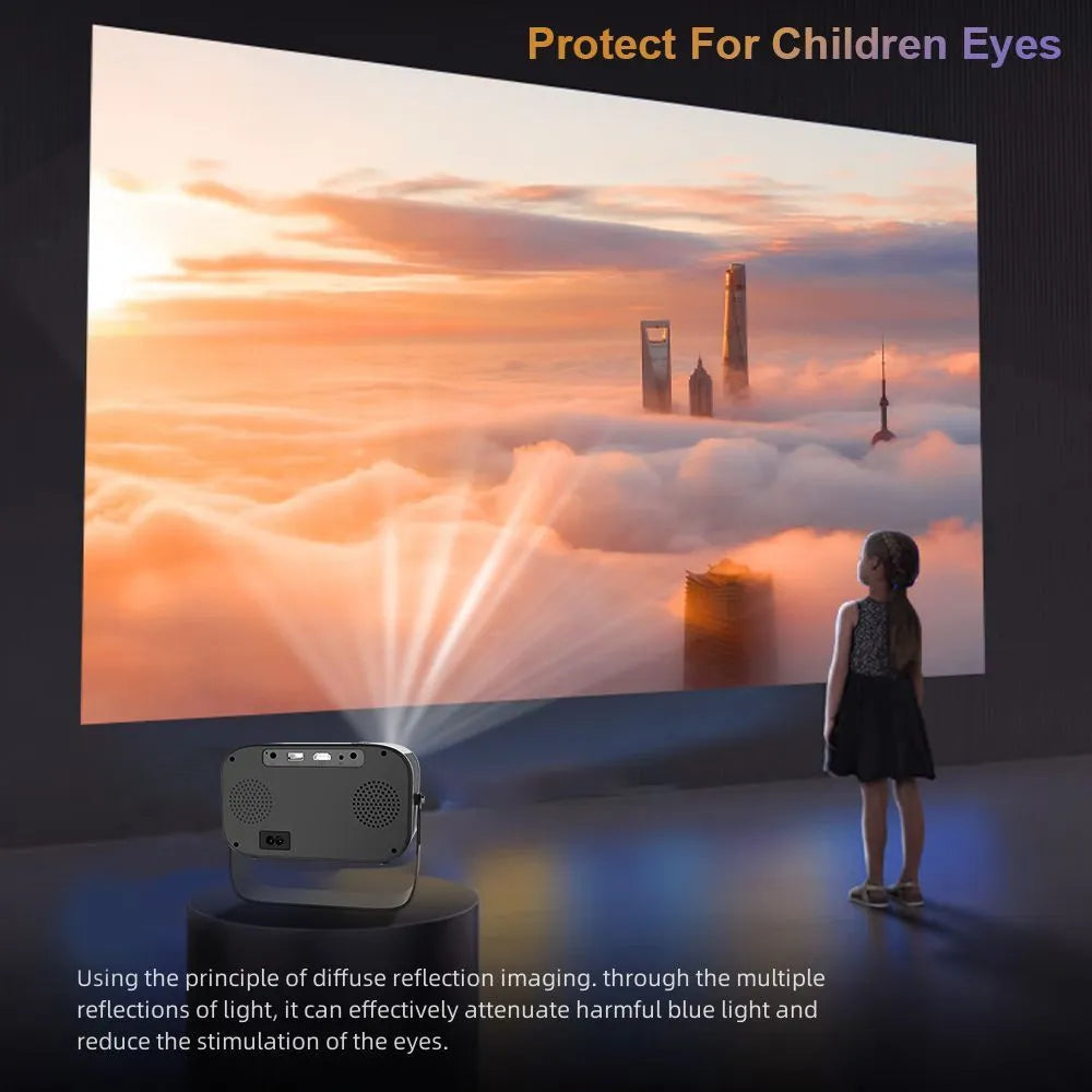 Black portable HD projector with remote control and cables for home office use