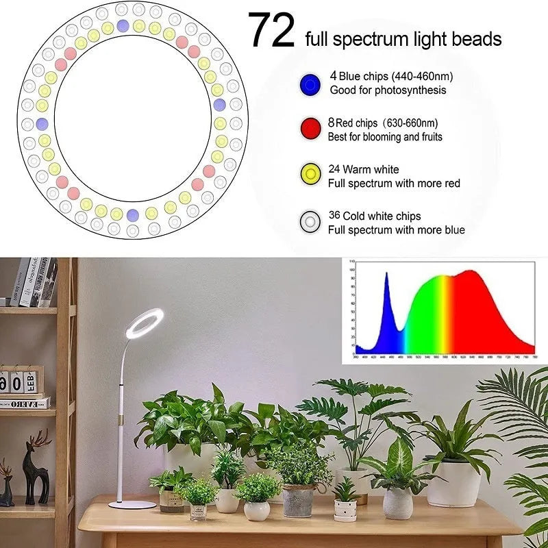 Pearl white 6-inch Angel Ring LED grow light on a retractable floor stand next to a houseplant.
