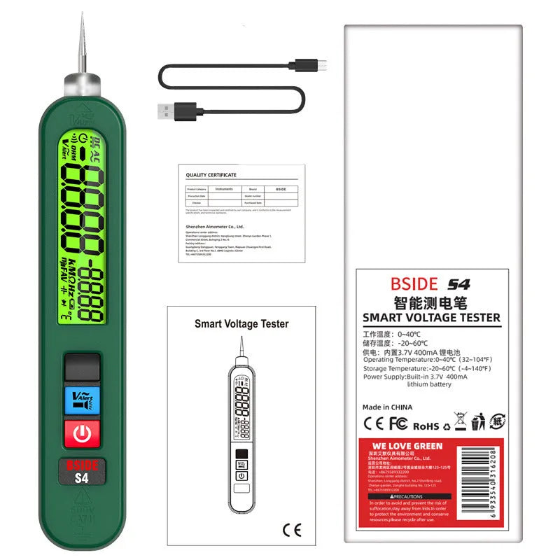 Digital sensing test pencil with LCD display showing reading, compact 66x28x23mm size, black casing