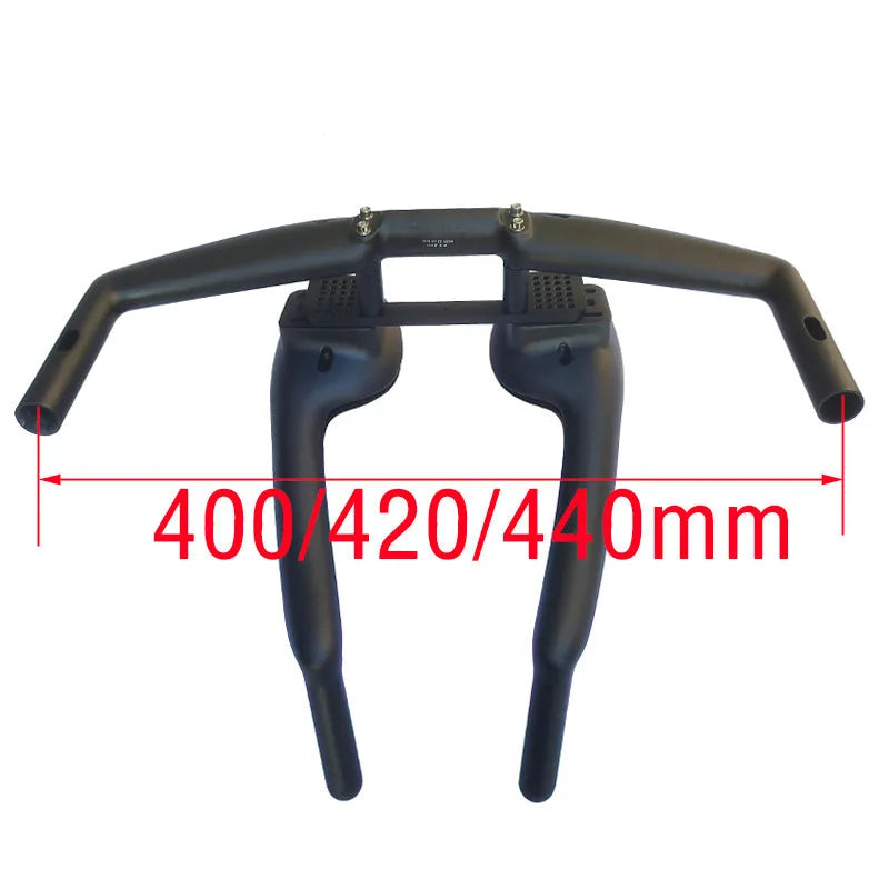 Black carbon fibre TT bicycle handlebars showing angled extensions and clamp area.