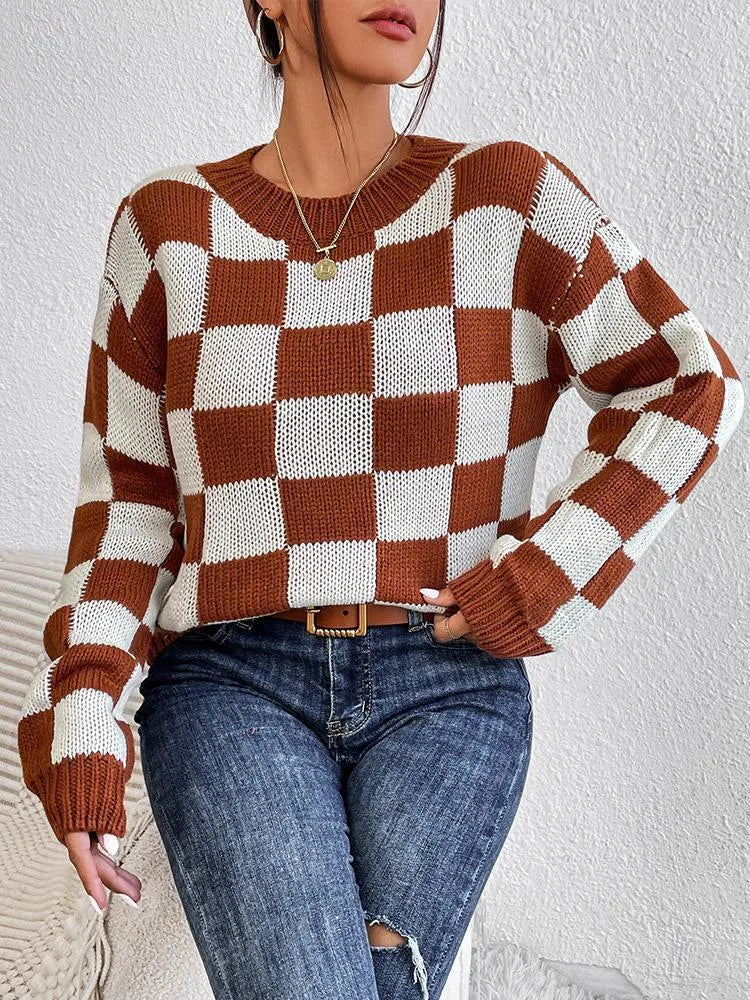 Dark brown plaid pattern acrylic pullover sweater with loose fit and long sleeves