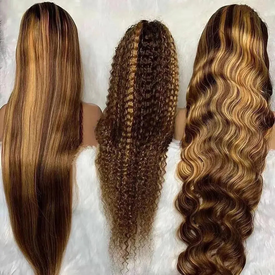 Front lace wig with gradient black colour and big waves, showing side bangs and natural hairline