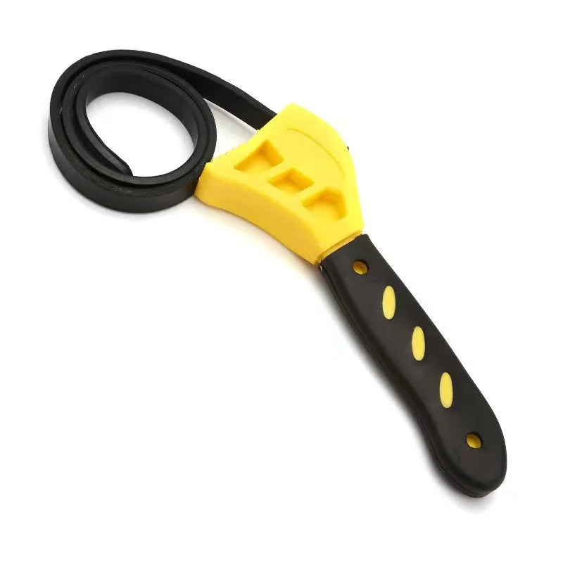 6-inch and 8-inch adjustable rubber strap wrench set with plastic rubber strap and metal handle.