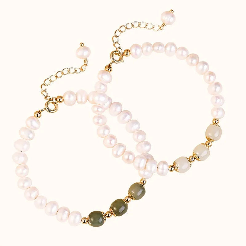 Korean style natural freshwater diamond pearl bracelet with electroplated finish in Hetian jade colours.