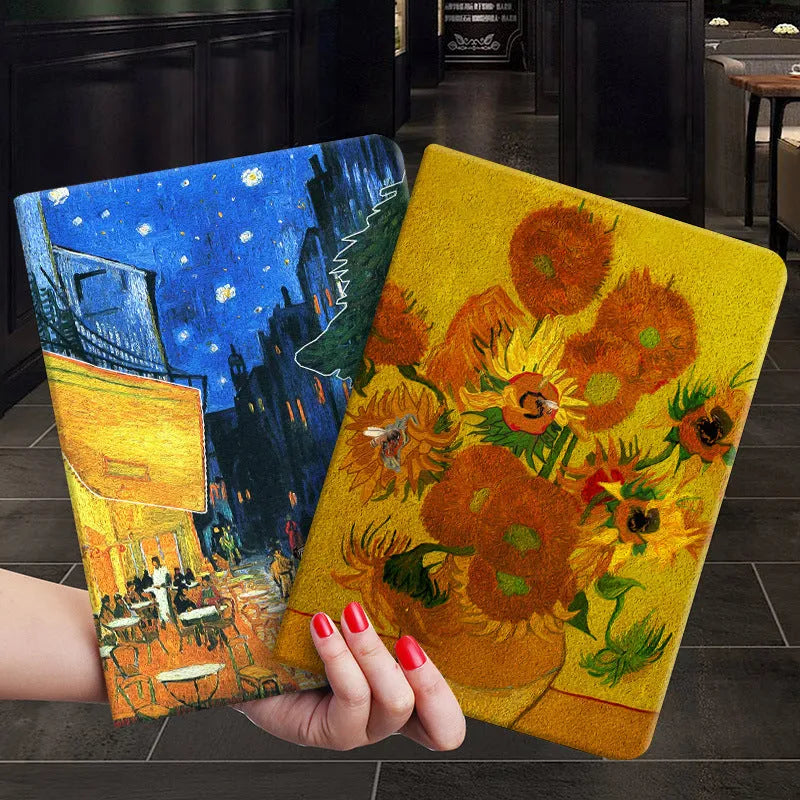 Handmade liquid silicone flip case for iPad with a floral oil painting design on the cover.