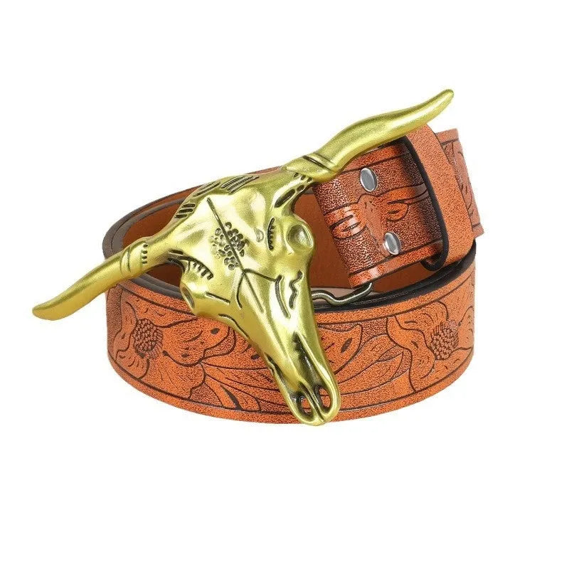Men's black imitation leather belt with a detailed silver alloy cow head buckle and pin buckle fastening.