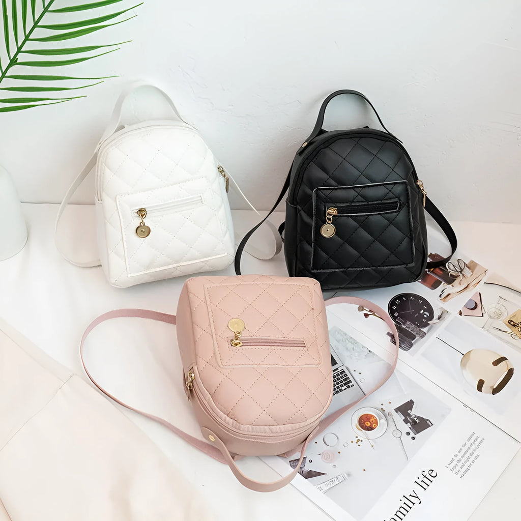 Girls' hard shell square backpack with Korean embroidery in black, pink or white colours showing sandwich pockets and carry handle