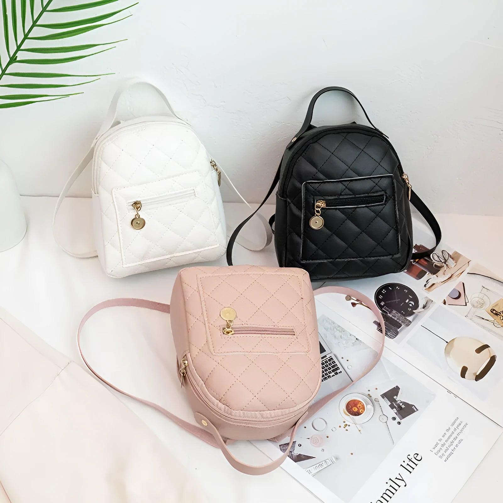 Girls' hard shell square backpack with Korean embroidery in black, pink or white colours showing sandwich pockets and carry handle