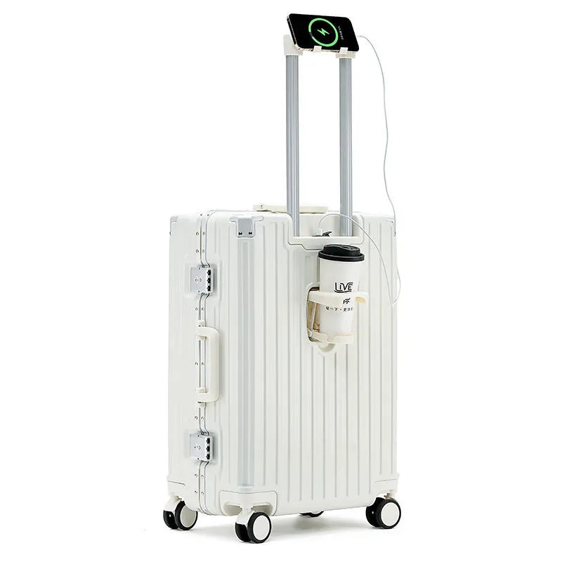 Aluminium frame ABS PC suitcase in avocado green colour with USB port and universal wheels.